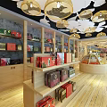 Elegant Specialty Store Interior with Wooden Shelves Various Packaged Products and Cloud Shaped Ceiling Lights