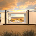 Modern Guesthouse Building Featuring Large Glass Windows White Exterior Outdoor Terrace And Sunset Sky