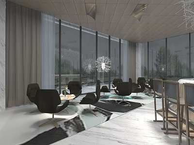Modern Sales Office Interior With Large Windows Greenery View Black Chairs And Designer Ceiling 3d model