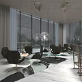 Modern Sales Office Interior With Large Windows Greenery View Black Chairs And Designer Ceiling