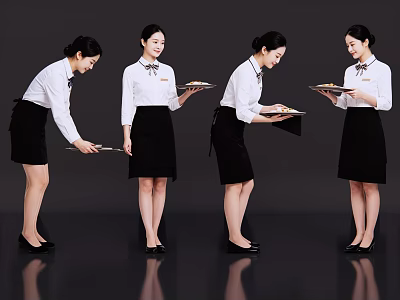Multiple Female Service Staff in Uniforms Holding Trays in Different Postures 3d model
