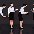 Multiple Female Service Staff in Uniforms Holding Trays in Different Postures