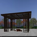 Modern Landscape Pavilion with Black Frame Transparent Roof Stone Furniture and Colorful Trees in Square