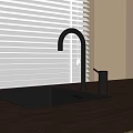 Black Square Washbasin on Wooden Countertop with Black Faucet Soap Dispenser Against White Blinds Background