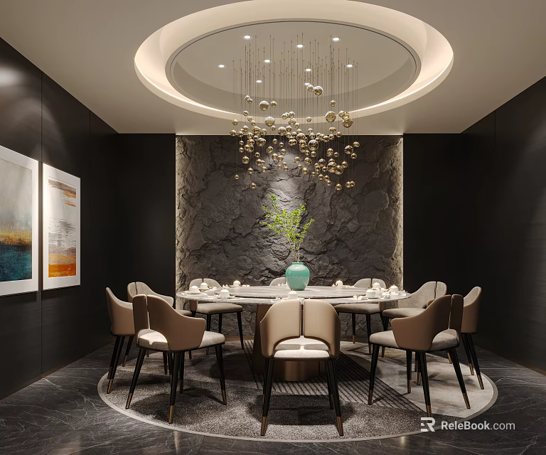 Luxurious Private Dining Room With Round Table Chairs Gold Chandelier Stone Wall And Green Vase 3d model 
