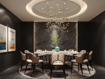 Luxurious Private Dining Room With Round Table Chairs Gold Chandelier Stone Wall And Green Vase 3d model