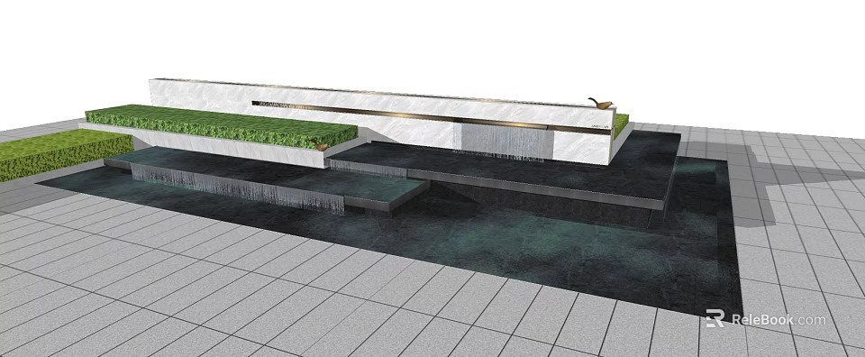 Garden Landscape Design With Waterfall Green Plants Paved Steps And White Structure 3d model