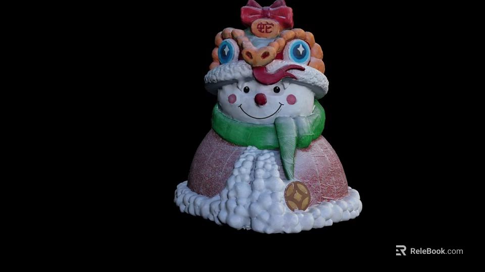 Cute Snowman With Dragon Pattern Hat Red Bow Green Scarf And Pink Body 3d model 