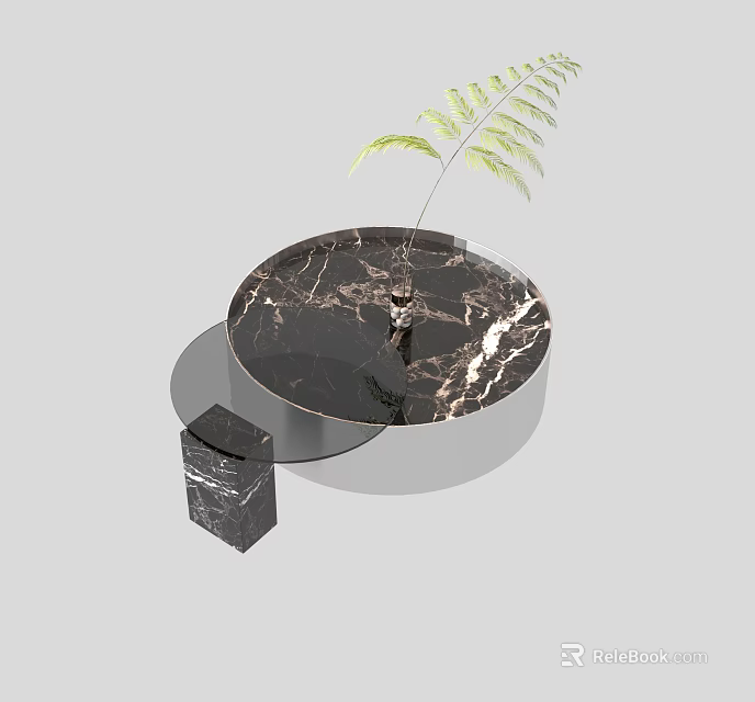 Sleek Round Coffee Table with Black Marble Top and Decorative Fern Plant 3d model 