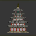 Ancient Multi story Pagoda with Traditional Roof Overhanging Eaves and Yellow Ornament