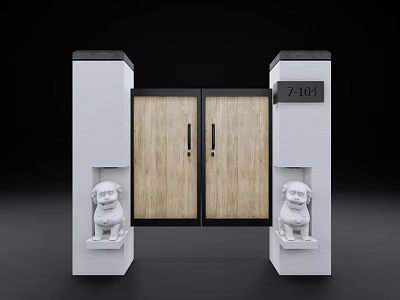 Wooden Main Gate With White Pillars Stone Lion Statues And Number 7 104 3d model