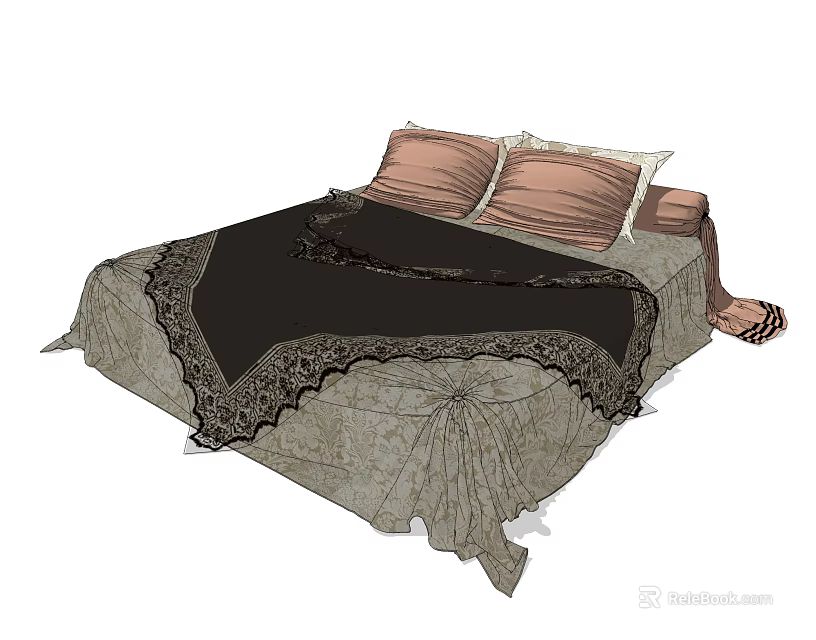 Elegant Double Bed With Pink Pillows And Black Lace Trimmed Quilt 3d model 