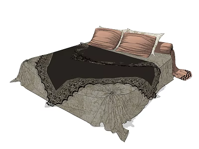 Elegant Double Bed With Pink Pillows And Black Lace Trimmed Quilt 3d model