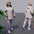 Elderly Woman Walking With Cane In Light Colored Coat And Pants Near Green Plants
