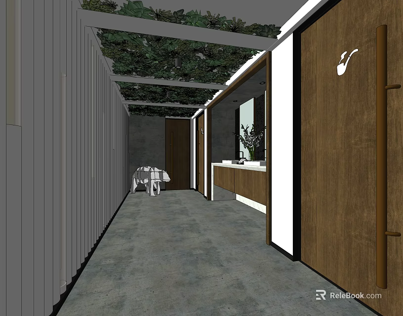 Modern Public Toilet Interior With Green Plants Wooden Doors And Washbasins 3d model 