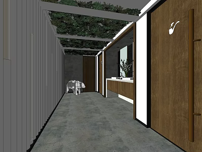 Modern Public Toilet Interior With Green Plants Wooden Doors And Washbasins 3d model