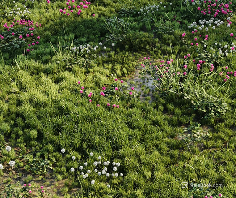 Vibrant Colorful Flowers And Lush Green Grass In A Natural Meadow With Pink White Blooms 3d model 