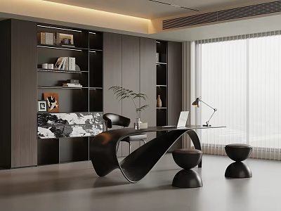 Modern Home Office With Dark Bookshelves Unique Desk Lamp Laptop Green Plant And Large Window 3d model