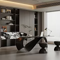 Modern Home Office With Dark Bookshelves Unique Desk Lamp Laptop Green Plant And Large Window