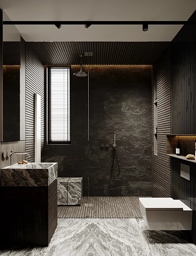 Modern Bathroom Interior With Dark Walls Shower Area Marble Countertop and Wooden Elements 3d model
