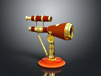 Classic Vintage Brass Telescope With Red Body And Gold Stand Base 3d model