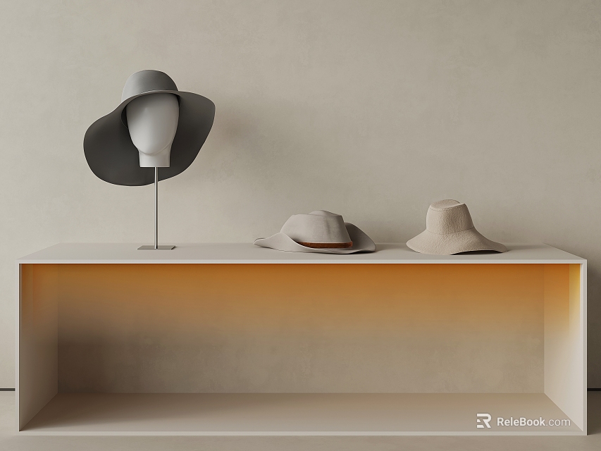 Stylish Hats on Minimalist Shelf with Mannequin Head Brown Beige Hats and Warm Lighting 3d model 