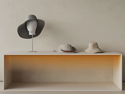 Stylish Hats on Minimalist Shelf with Mannequin Head Brown Beige Hats and Warm Lighting 3d model