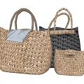 Elegant Woven Straw Tote Bags with Gray Cloth Accent in Beige Black and Sizes