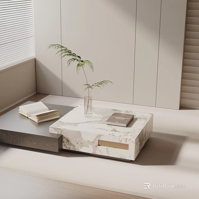 Modern Sofa Coffee Table Set With Marble Top Green Plant And Books 3d model 