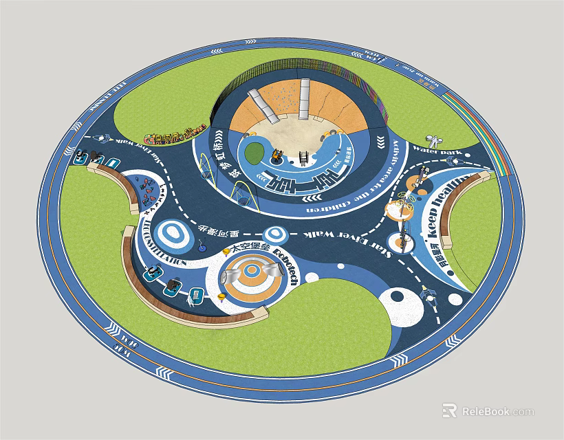 Circular Recreational Park Layout Featuring Playground Night Market Walking Paths And Green Areas 3d model 