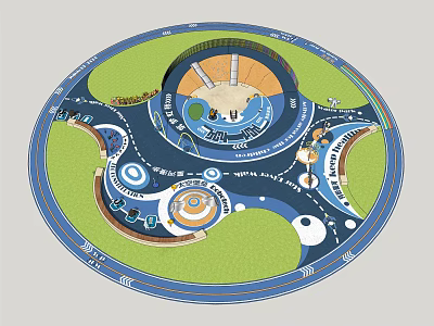 Circular Recreational Park Layout Featuring Playground Night Market Walking Paths And Green Areas 3d model