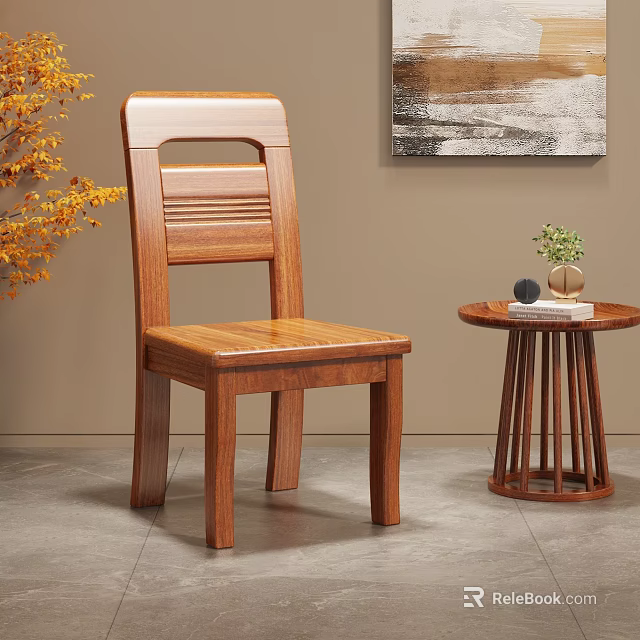 Modern Solid Wooden Dining Chair With Backrest Design Small Round Side Table Potted Plant 3d model 
