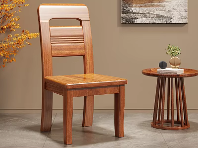 Modern Solid Wooden Dining Chair With Backrest Design Small Round Side Table Potted Plant 3d model