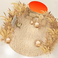 Stylish Shopping Mall Interior Decor With Red Circular Backdrop Golden Reeds Sofa And Ornaments