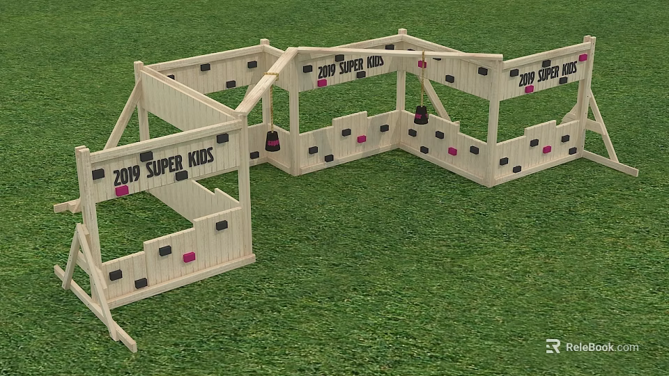 Wooden Playground Equipment for 2019 Super Kids Obstacle Course on Grass 3d model 