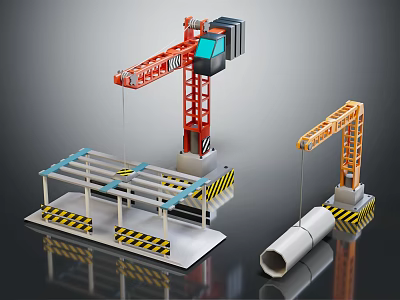 Construction Site With Red Crane Steel Frame And Orange Pipe Lifting Equipment 3d model