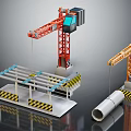 Construction Site With Red Crane Steel Frame And Orange Pipe Lifting Equipment 3d model