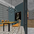 Modern Cafe With Large Windows Green View Long Wooden Table Metal Stools Hanging Lights