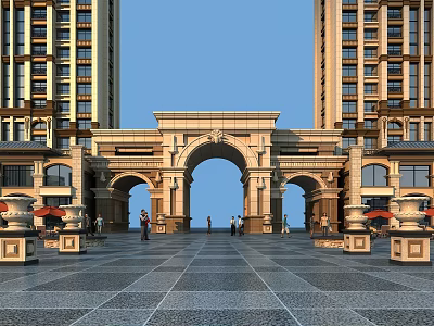 Luxurious Classical Entrance Gate With Arch Design And Surrounding High Rise Buildings 3d model