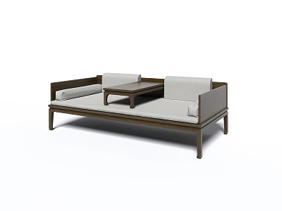 Elegant Traditional Luohan Bed With Dark Wooden Frame Light Gray Cushions And Small Center Table 3d model