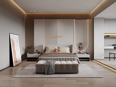 Modern Bedroom Interior Design With Comfortable Bed Nightstands Bench Artwork And Ambient Lighting 3d model