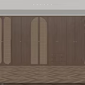 Modern Wooden Wardrobe With Arched Rattan Doors And Drawers In Brown Finish