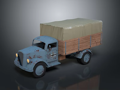 Vintage Blue Military Style Truck With Canvas Cover And Wooden Cargo Bed 3d model