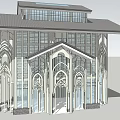 Ancient Gothic Architecture with Pointed Arch Windows Carved Decorations and Cross and Skylight on Roof