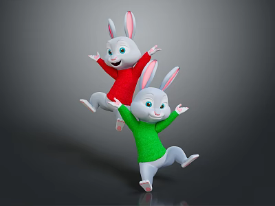 Two Happy Cute Rabbits Jumping In Red And Green Sweaters With Smiling Faces 3d model