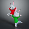 Two Happy Cute Rabbits Jumping In Red And Green Sweaters With Smiling Faces