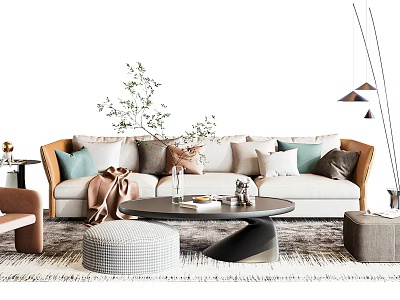 Modern Sofa And Coffee Table Set With Throw Pillows And Decorative Rug 3d model