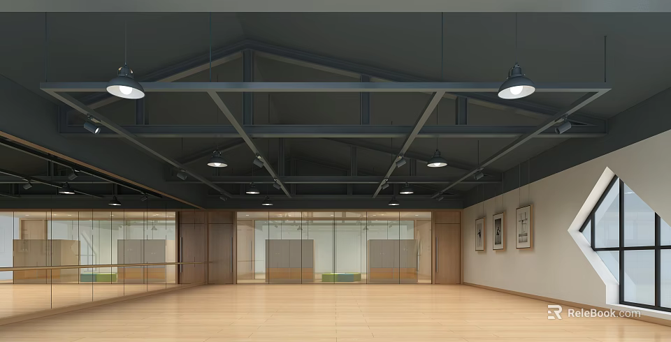 Spacious Kindergarten Interior With Dark Steel Ceiling Pendant Lights Light Wooden Flooring Glass Partitions 3d model 
