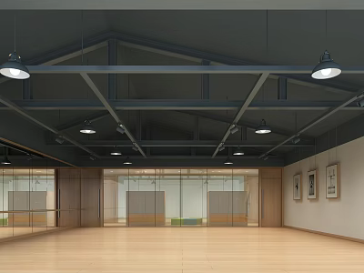 Spacious Kindergarten Interior With Dark Steel Ceiling Pendant Lights Light Wooden Flooring Glass Partitions 3d model