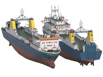 Two Large Ships With Blue And Brown Hulls Yellow Funnels And Deck Structures 3d model